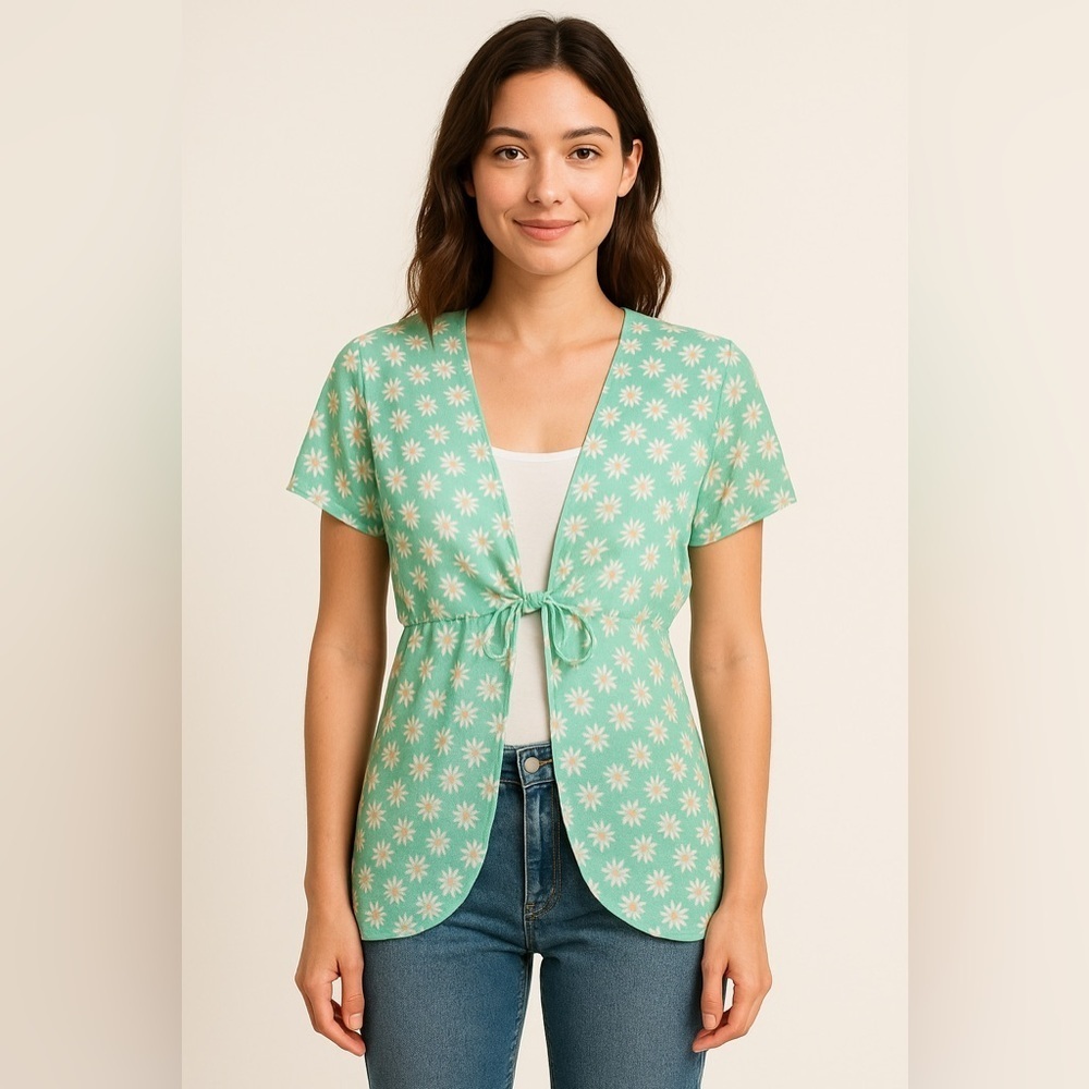 Retro Daisy Mesh Sheer Tie-Front Cardigan XS Green Floral Short Sleeve 70s 80s - Picture 1 of 7